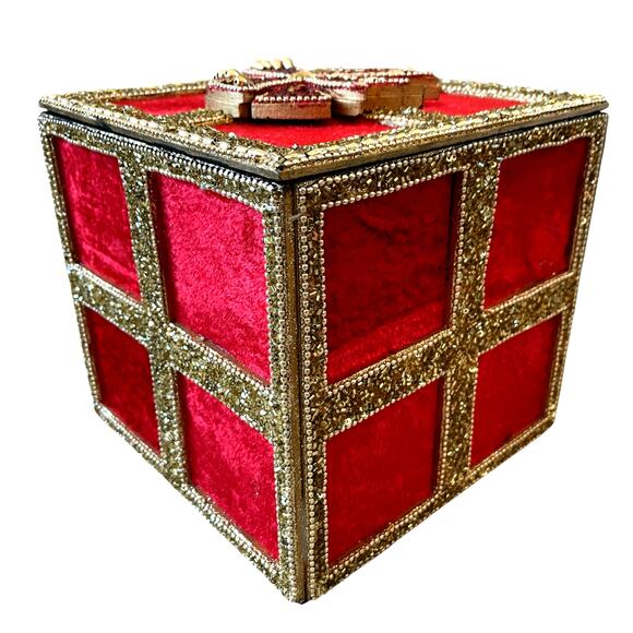 Red Velvet Gold Sequin Christmas Present Gift Box w/ Bow & Lid 7in Holiday Decor - Picture 6 of 15